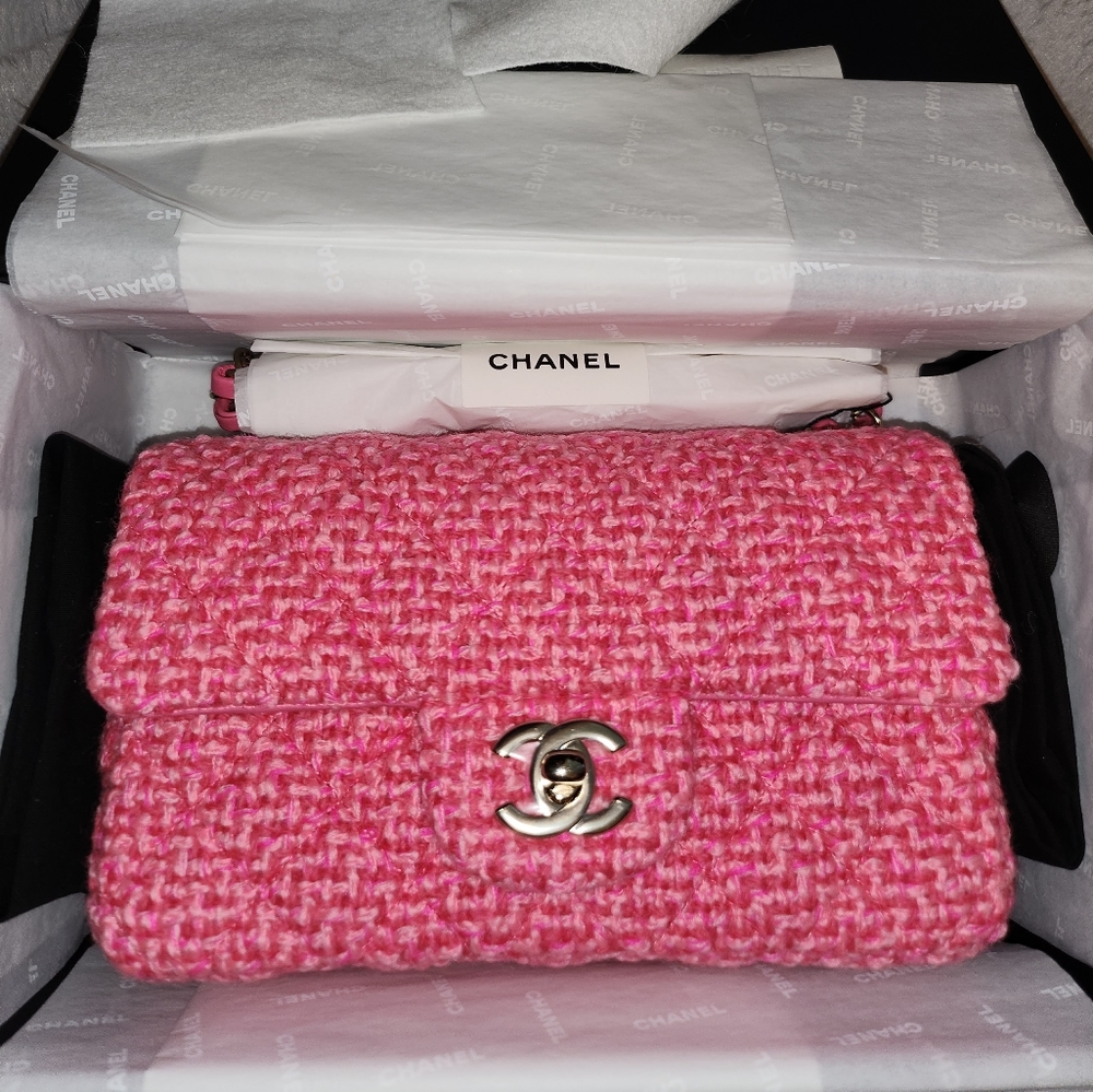 Chanel Classic Rectangular Mini Flap 22K Pink Tweed Light Gold tone Hardware